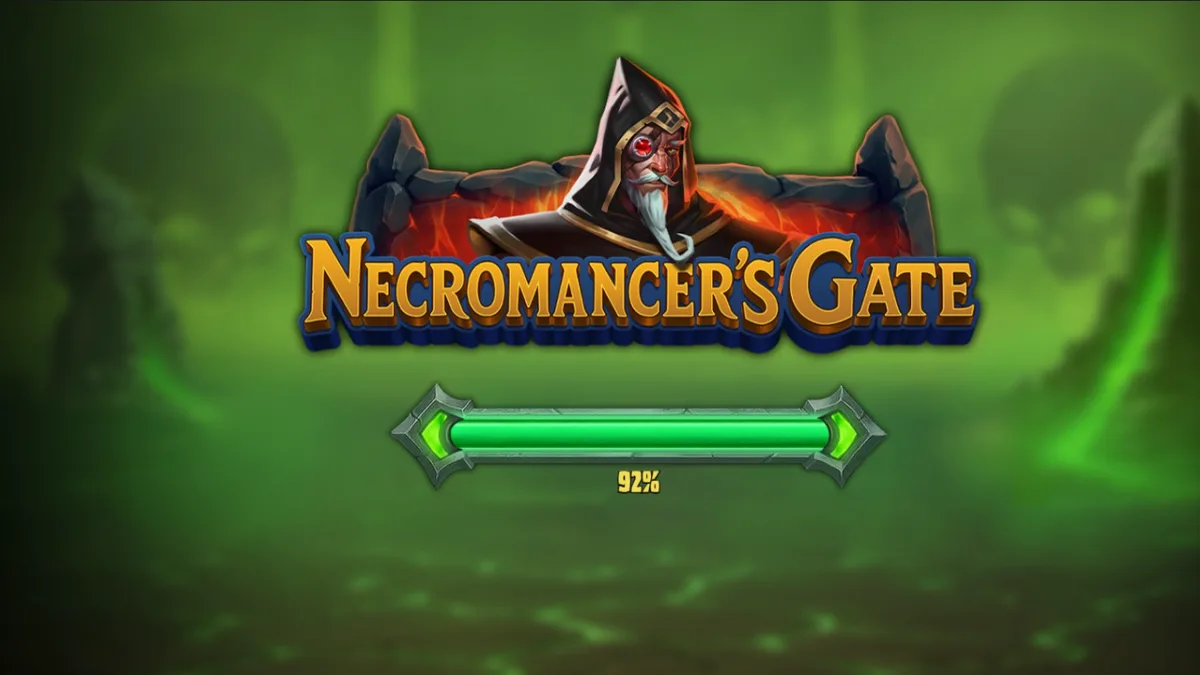 Interface do jogo de slot Necromancer’s Gate com tema gótico e crânios flutuantes