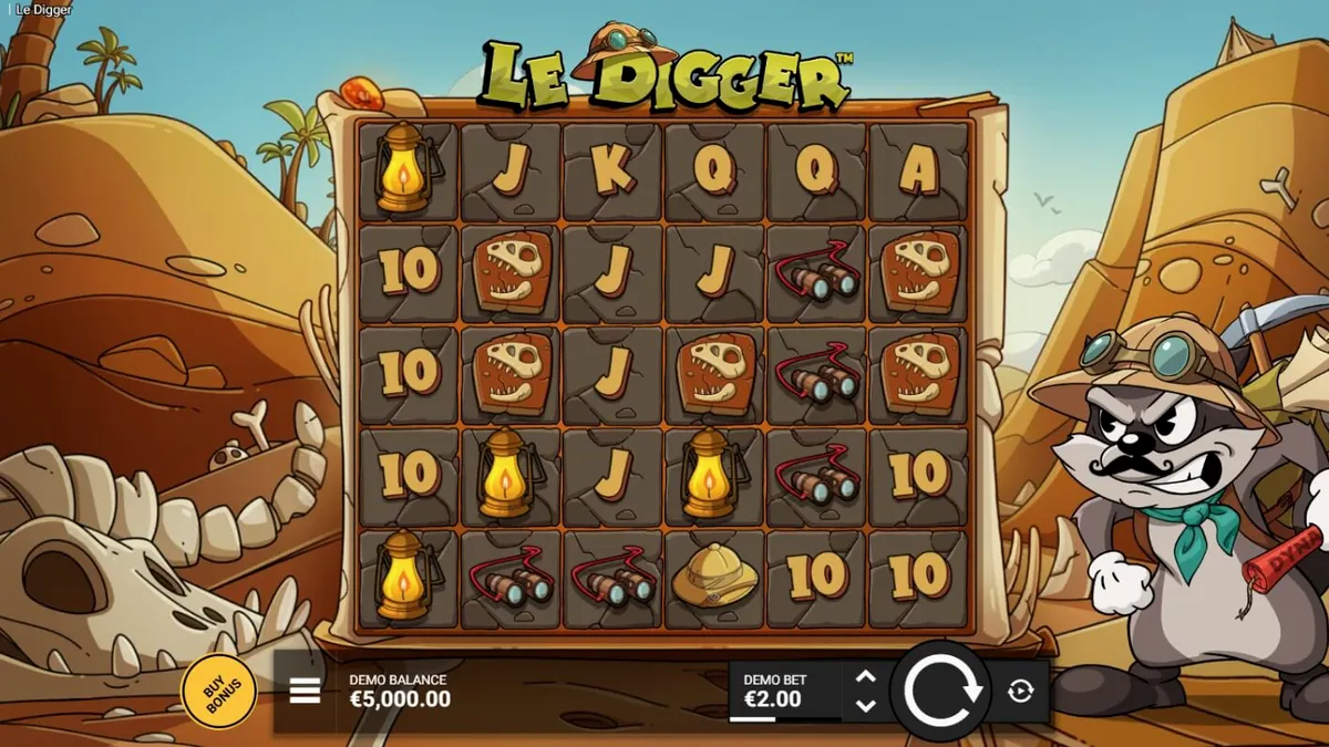 Smokey o guaxinim minerador no jogo Le Digger da Hacksaw Gaming